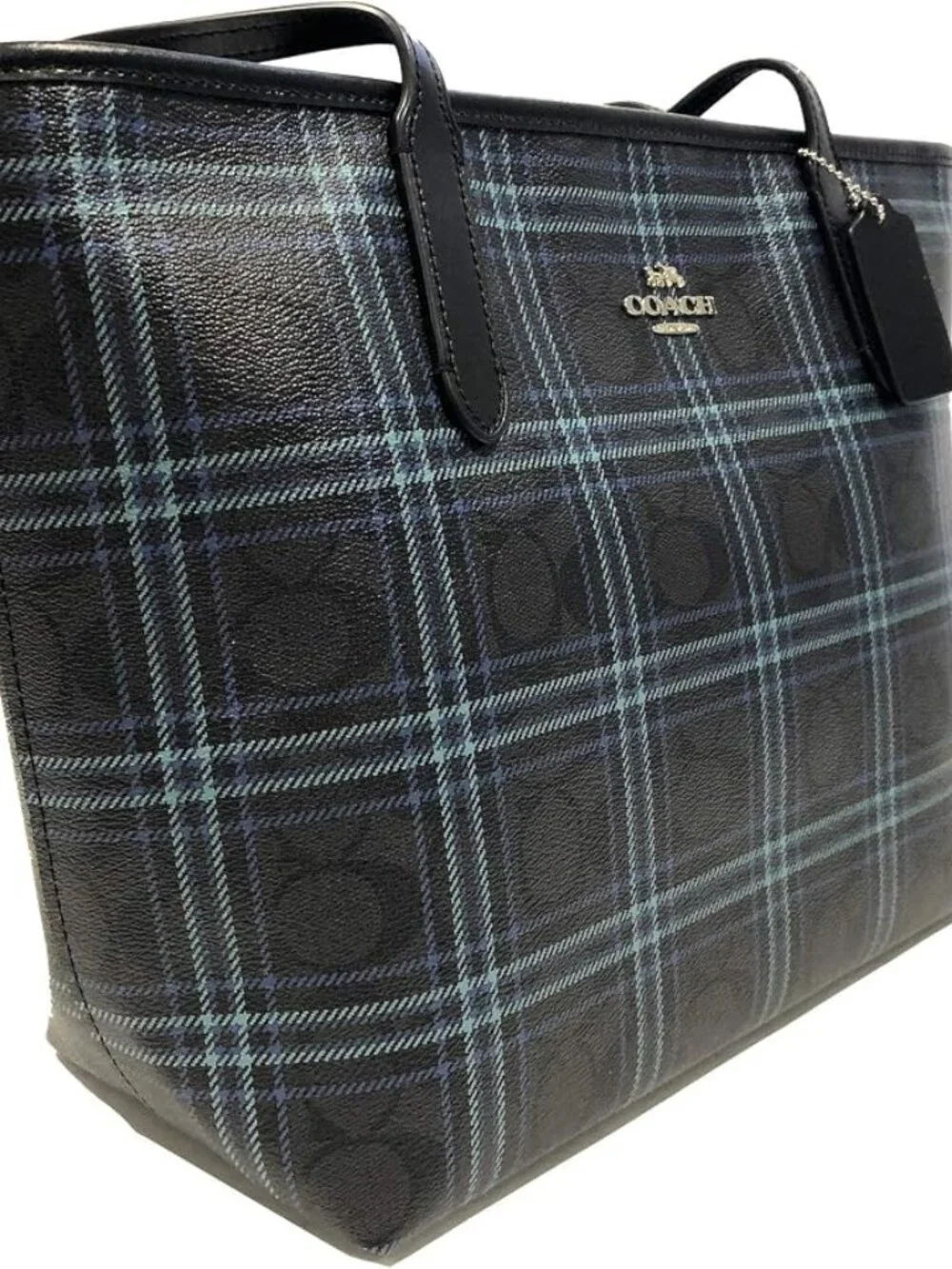 City Tote Bag Graphic Plaid Print on Signature canvas blue black & charc